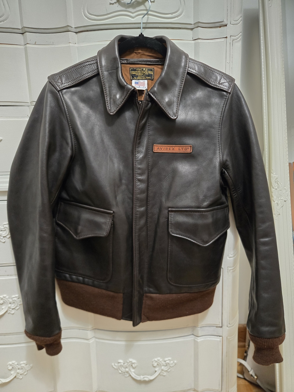 Avirex Dark Brown Leather Bomber Jacket with Patch NEGOTIABLE